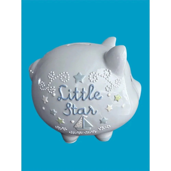 Little Star Blue Ceramic Piggy Bank With A Stopper Excellent Condition - Picture 3 of 8